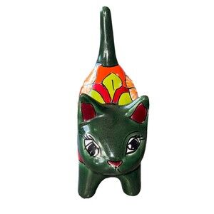 Talavera Cat Sculpture Mexican Pottery Folk Art Home Decor 6”